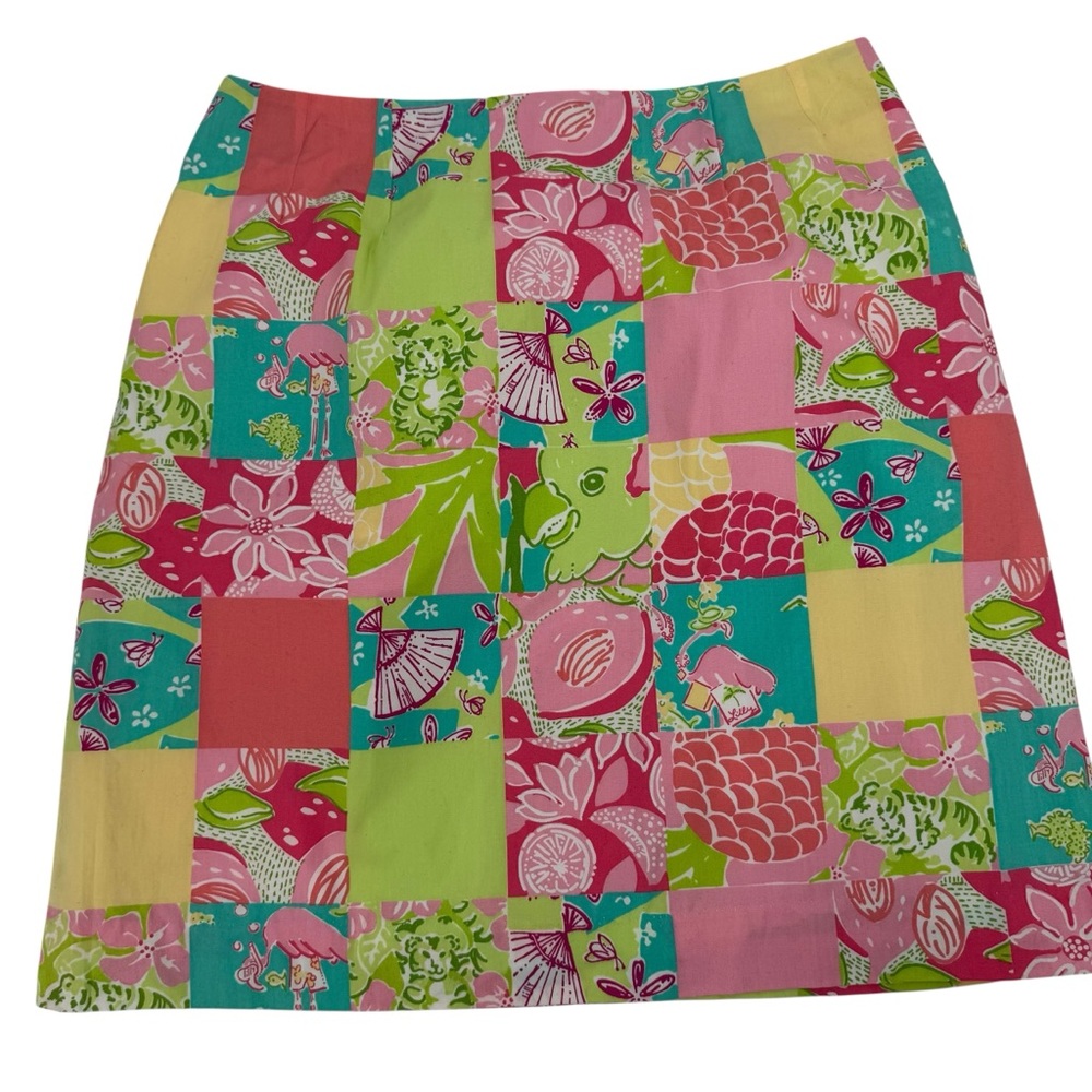 Vintage Lilly Pulitzer Pink‎ Green Floral Animal Patchwork Print Pencil Skirt 10